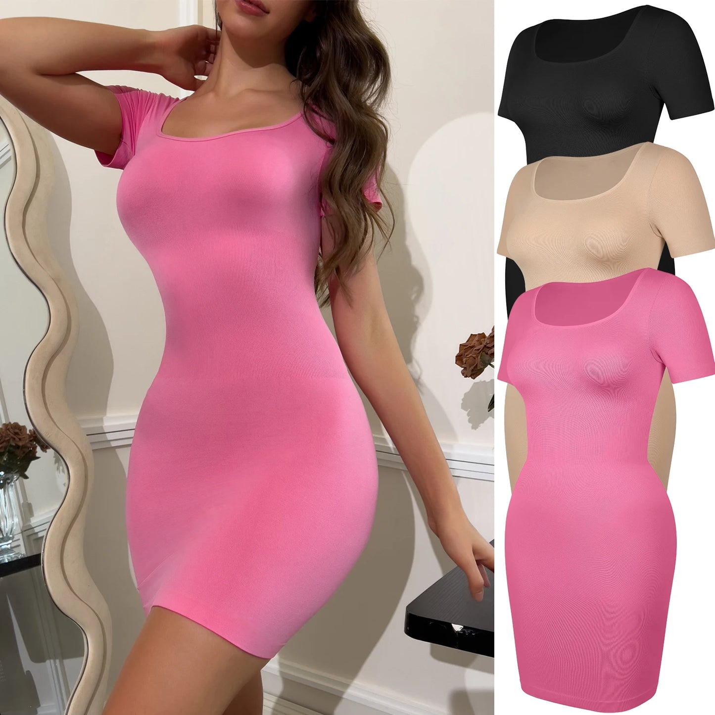 Short Sleeve Square Neck Shapewear Dress