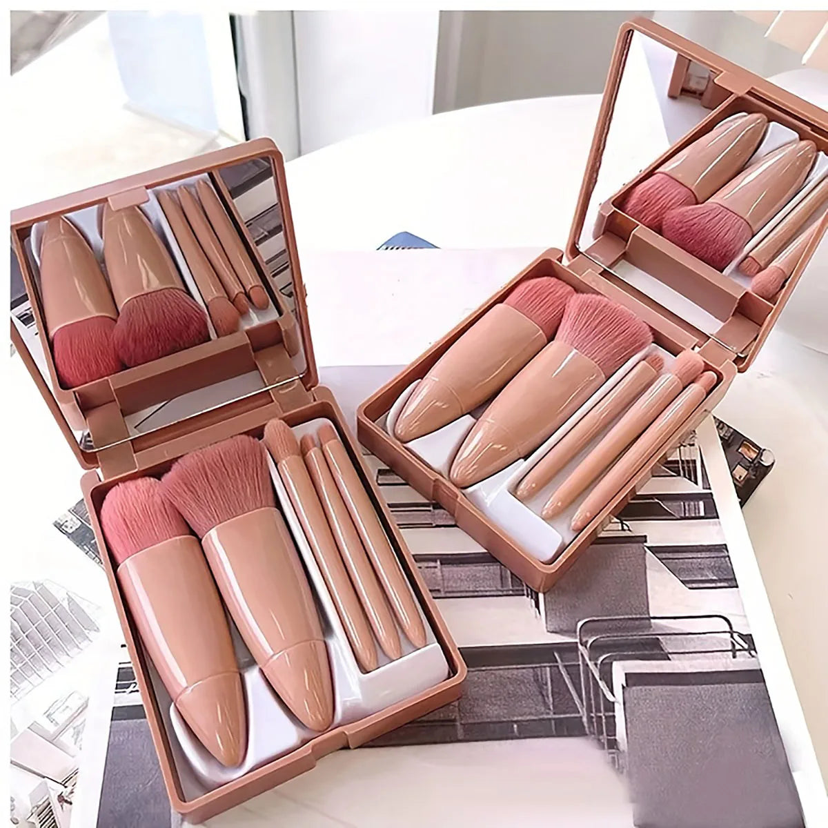 5-Piece Mini Travel Makeup Brush Set with Mirror